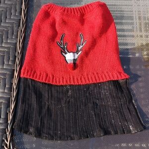 Christmas Winter Dog Sparkly Dress Buffalo Plaid Deer with Pom Pom Top Paw